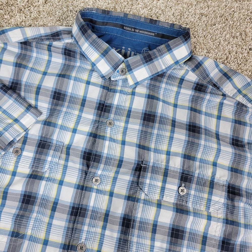 Kuhl Eluxur Mens Large White Blue Plaid Button Up Short Sleeve Workshirt